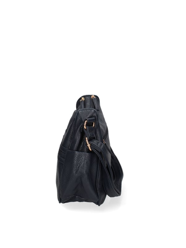Crossbodytas voor dames met ritssluiting. één met ritssluiting en twee open binnenzakken. één voorkant met ritssluiting, één achterkant met ritssluiting en twee open zijvakken met externe vakken. verstelbaar in eco-lederen schouderband. ontbrekend handvat. twee binnenvakken. extern materiaal. gevoerd met polyester binnenkant. Afmetingen: 28x24x11 cm. Modeproduct