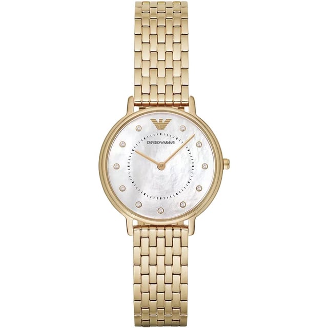 Sku: AR11007Case Size: 32 mmMovement: Quartz Two-HandStrap Material: Stainless SteelStrap Color: GoldCase Water Resistance: 3 ATMCase Material: Stainless SteelCase Color: GoldDial Color: White Mother-Of-PearlStrap Width: 14 mmClosure: Bracelet Butterfly DeployantStrap Inner Circumference: 175 +/- 5 mmBattery Type: SR616SW