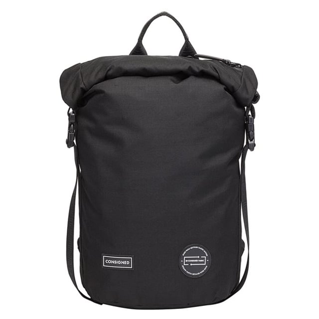 The Cornel M Roll Top Backpack, our most versatile bag to date, is made of RE-CONSIGNED outer & lining fabric, produced from 100% recycled plastic bottles - Global Recycled Standard certified fabric. The roll top design features a concealed waterproof zip to the main compartment, for extra security, paired with a no fuss quick access top waterproof zip pocket. A double clip feature allows multi-functional use, enabling the bag to transform into 3 different designs depending on your needs. Inside ensures maximum functionality with a generous internal capacity and 13 Inch padded laptop sleeve. Features: , RE-CONSIGNED ripstop outer fabric made from 100% recycled plastic bottles - Global Recycled Standard certified fabric, RE-CONSIGNED lining made from 100% recycled plastic bottles - Global Recycled Standard certified fabric, 32 Plastic bottles saved from landfill in the production of this product, 16 Litre internal capacity, Water Resistant, 13 inch padded laptop sleeve & nested 9.7 inch tablet pocket with Velcro fastening, Roll top opening to main compartment with hidden internal waterproof zip for extra security, Quick access top waterproof zip pocket, Rear secure access waterproof zip pocket, Internal zip pocket for smaller valuables, 2 Internal mobile phone slip pockets - Fits normal and plus size smart phones, 3 Internal pen slip pockets, CONSIGNED seal of approval rubberised patch logo, RE-CONSIGNED seal of approval rubberised patch logo, CONSIGNED branded webbing, CONSIGNED branded lining, Ergonomic contoured back panel, Adjustable padded backpack straps, Top grab handle, Rubberised zip pullers, Medium model, Double clip feature which allows the bag to transform into 3 different designs Style Ref: 50516 BLACK