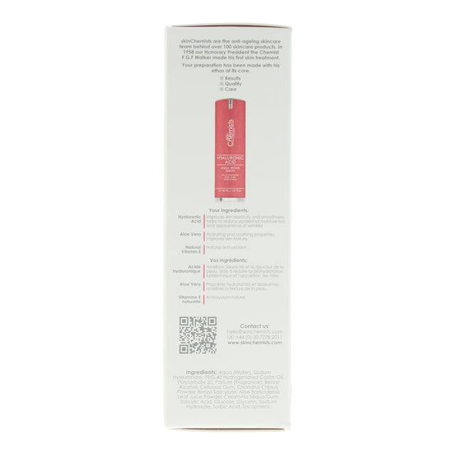 Skin Chemists Hyaluronic Acid Aqua Repair Serum is a breakthrough skincare formulation designed to deliver intense hydration and promote a plump, youthful complexion. Infused with high-quality Hyaluronic Acid, a renowned hydrating agent known for its ability to retain moisture, this serum provides a surge of hydration, leaving the skin feeling dewy, smooth, and rejuvenated. The lightweight, non-greasy texture of this serum allows for quick absorption, making it suitable for all skin types. It penetrates deeply into the skin, replenishing moisture levels and creating a protective barrier against environmental stressors. This aids in improving the skin's elasticity and suppleness, resulting in a more resilient and youthful appearance. With regular use, the Hyaluronic Acid Aqua Repair Serum helps to diminish the appearance of fine lines and wrinkles, promoting a plump and revitalised complexion. It revitalises tired, dull skin, creating a luminous and radiant glow. Additionally, this serum works synergistically with other skincare products, enhancing their effectiveness and ensuring optimal hydration levels. Formulated with a blend of natural botanical extracts and potent active ingredients, this serum supports the skin's natural regeneration process, aiding in the reduction of signs of aging. It provides a refreshing and invigorating sensation upon application, making it a luxurious addition to both morning and evening skincare routines.