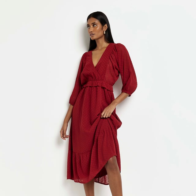 River Island Womens Wrap Midi Dress Red Frill