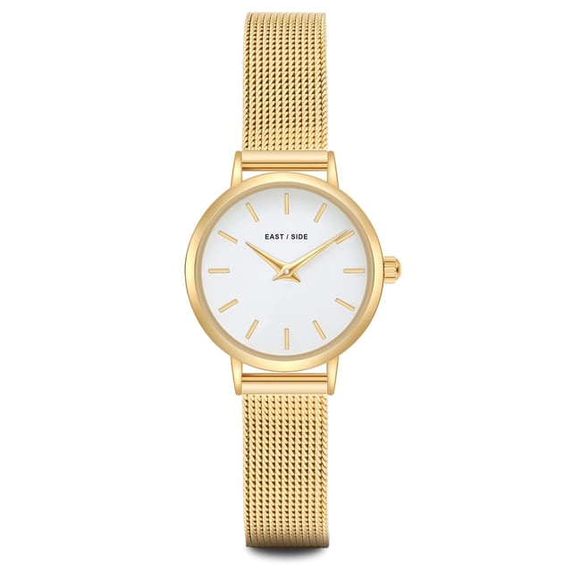 GENERAL INFORMATION:  • Targetgroup: Female  • Wristwatch: No Special Functions  • Display: analogue  • Weight of watch w/o box (gr.) - approx.: 24,0  MOVEMENT:  • Movement: Quartz  • Term of Movement: VC10  • Origin of movement: Japan  BRACELET:  • Material of bracelet/strap: Stainless steel  • Plating of bracelet/strap: Ion-Plating (IP)  • Finishing of bracelet/strap: Smooth  • Finishing/Decoration of bracelet/strap: None  • Clasp/Closure/Buckle: Slide Clasp  • Color of bracelet/strap: Yellowgold  • Length of bracelet/strap (mm) approx.: 190,0  • Width of bracelet/strap (mm) approx.: 9,5  • Style/Design of bracelet/strap: Mesh band (Millanaise Style)  • Bracelet/strap adjustable?: No  CASE:  • Shape of case: Round  • Size/Diameter of case in mm . approx.: 24,0  • Height of case in mm: 7,6  • Case material: Metal (Alloy)  • Surface of case: Polished  • Bezel/Topring: Fixed  • Finishing/Decoration of case: None  • Material of case back: Stainless steel  • Lock of case back: No screwed-in crown  • Color of case: Yellowgold  • Coating/Plating (Case): Ion-Plating (IP)  • Type/Form of crystal: Flat  • Material of crystal: Mineral crystal  • Water resistant (ATM): 3  DIAL:  • Size jewelry care cloth: Hour, Minute  • Indices: Line indices  • Material of dial: Brass  • Structure/pattern of dial: Flat  • Color of dial: White  PUSHER, CROWN, HAND:  • Pusher: None  • Corrector: No  • Crown: No screwed-in crown  • Type of hands: Dauphine hands  • Luminescent (hands): No  PACKAGING & SCOPE OF DELIVERY:  • Box: Yes  • Service booklet: Yes  • Manual: Yes