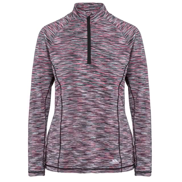1/2 zip neck. Long sleeve. Small rear zip pocket. Contrast inner back neck binding. Reflective printed logos. Wicking. Quick dry. 87% Polyester, 13% Elastane. Trespass Womens Chest Sizing (approx): XS/8 - 32in/81cm, S/10 - 34in/86cm, M/12 - 36in/91.4cm, L/14 - 38in/96.5cm, XL/16 - 40in/101.5cm, XXL/18 - 42in/106.5cm.