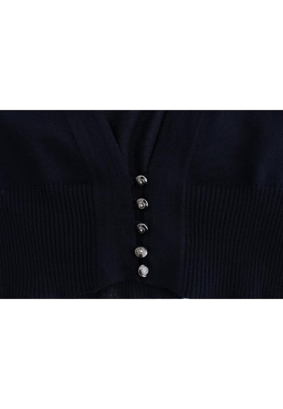 Brand: Class Roberto Cavalli
  Material: 100% Virgin Wool
  Color: Blue
  Style: Cropped Cardigan
  Button closure in the front
  Logo details
  Original tags and store bag included
  Gender: Women