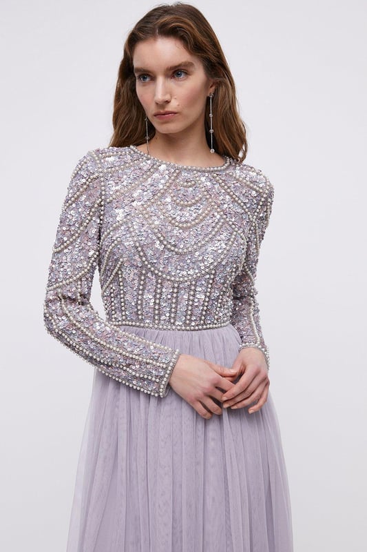 Pearl Embellished Bodice Bridesmaids Tulle Skirt Dress