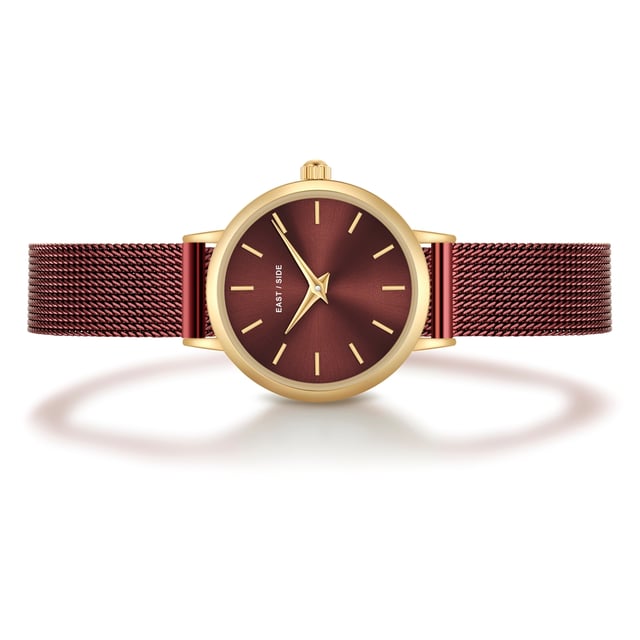 GENERAL INFORMATION:  • Targetgroup: Female  • Wristwatch: No Special Functions  • Display: analogue  • Weight of watch w/o box (gr.) - approx.: 24,0  MOVEMENT:  • Movement: Quartz  • Term of Movement: VC10  • Origin of movement: Japan  BRACELET:  • Material of bracelet/strap: Stainless steel  • Plating of bracelet/strap: Ion-Plating (IP)  • Finishing of bracelet/strap: Smooth  • Finishing/Decoration of bracelet/strap: None  • Clasp/Closure/Buckle: Slide Clasp  • Color of bracelet/strap: bordeaux  • Length of bracelet/strap (mm) approx.: 190,0  • Width of bracelet/strap (mm) approx.: 9,5  • Style/Design of bracelet/strap: Mesh band (Millanaise Style)  • Bracelet/strap adjustable?: No  CASE:  • Shape of case: Round  • Size/Diameter of case in mm . approx.: 24,0  • Height of case in mm: 7,6  • Case material: Metal (Alloy)  • Surface of case: Polished  • Bezel/Topring: Fixed  • Finishing/Decoration of case: None  • Material of case back: Stainless steel  • Lock of case back: No screwed-in crown  • Color of case: Yellowgold  • Coating/Plating (Case): Ion-Plating (IP)  • Type/Form of crystal: Flat  • Material of crystal: Mineral crystal  • Water resistant (ATM): 3  DIAL:  • Size jewelry care cloth: Hour, Minute  • Indices: Line indices  • Material of dial: Brass  • Structure/pattern of dial: Flat  • Color of dial: bordeaux  PUSHER, CROWN, HAND:  • Pusher: None  • Corrector: No  • Crown: No screwed-in crown  • Type of hands: Dauphine hands  • Luminescent (hands): No  PACKAGING & SCOPE OF DELIVERY:  • Box: Yes  • Service booklet: Yes  • Manual: Yes