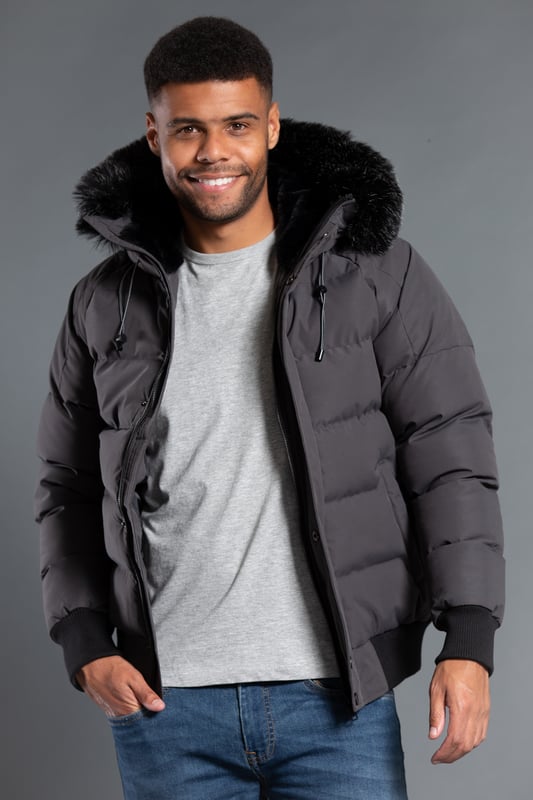 Short black puffer coat with fur hood shop