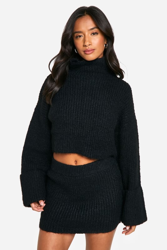 Petite High Neck Oversized Crop Knitted Jumper And Micro Mini