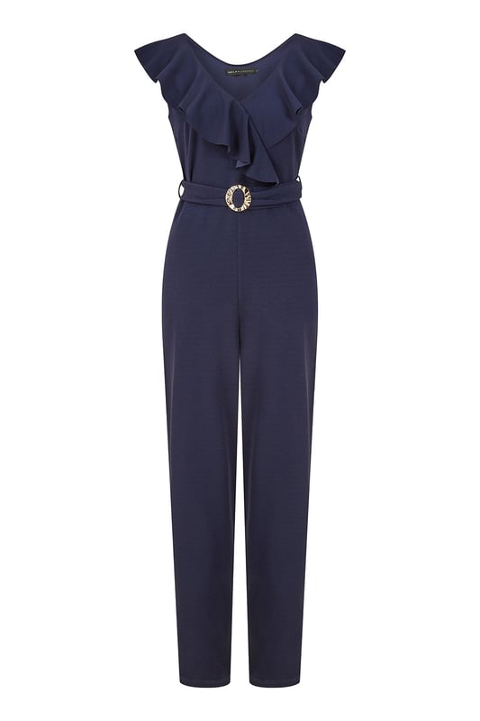 Mela Navy Jumpsuit With Gold Buckle and Frill Detail