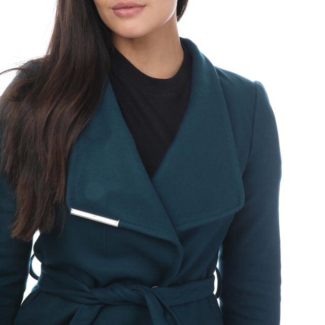 Womens Ted Baker Rose Wool Wrap Coat in Teal- In any weather  the ROSE coat will level up your wardrobe. Made from wool  it's cut in Ted Baker's signature wrap style  and completed with elevated details such as the high neck collar and metallic tipping on the belt.- Wool coat- Wrap front- Magnetic collar- Long sleeves- Midi length- Belted- Button fastening- Shell: 77% Wool  18% Polyamide  5% Cashmere.  Body Lining: 50% Viscose  50% Acetate.  Sleeve lining: 100% Polyester.  Do not wash; may be dry cleaned.- Ref: 249306TEALBLUE