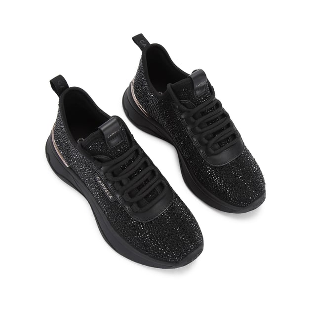 This Carvela Swift Jewel Runner trainer features a black fabric upper with black crystal embellishment. The front laces up with gold foil branding on the tongue and eyestay.
