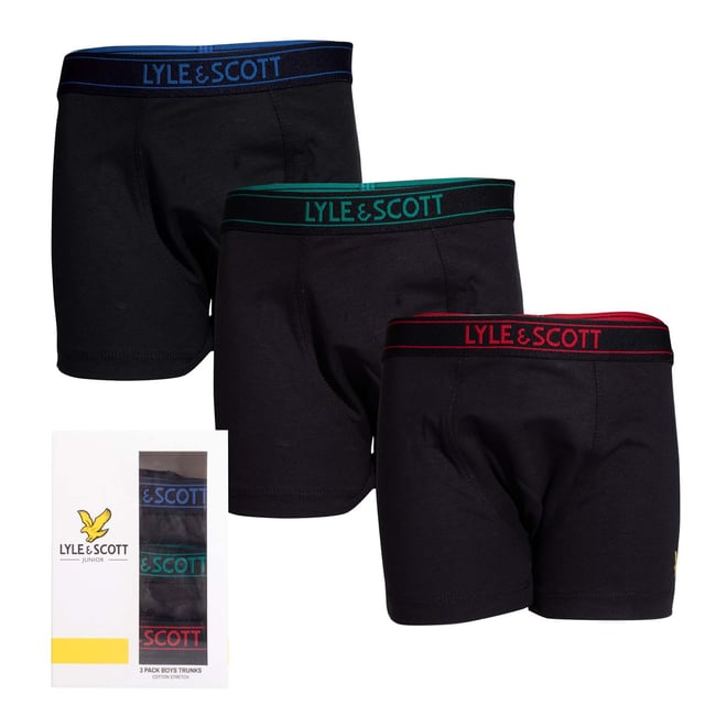 Boys Lyle And Scott Chadwick 3 Pack Trunks in Black.- Branded elasticated waistband.- Stretch.- 95% Cotton, 5% Elastane. Ref: CHADWICKB122.