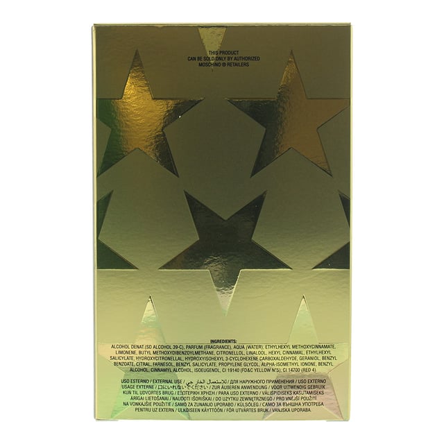 Stars is a floral fragrance by Moschino. It was released in 2014. The top notes are citron, may rose and peony. The middle notes are lily of the valley, orange blossom and jasmine. The base notes are driftwood, vetiver, ambroxan and amber.