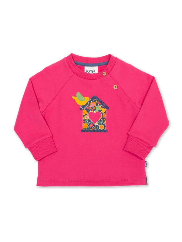 100% organic cotton | Proud to be certified by Control Union to the Global Organic Textile Standard (GOTS) | Bird appliqué design | Rose pink | Brush back sweat fabric | Coconut button raglan sleeve opening (up to and including size 3 years) | Long sleeved | Ribbed neckline | Ribbed cuffs | Made in Turkey | Machine washable at 40 degrees, or at 30 degrees to be kinder to the planet