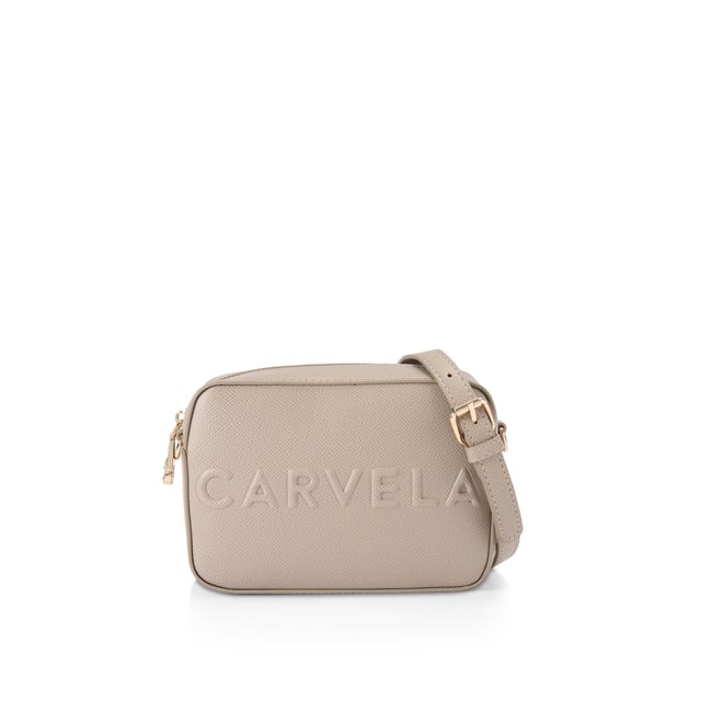 The Carvela Mini Frame Cross Body bag features a taupe textured exterior with embossed branding on the front. The bag is fastened with gone tone Icon C zipper. Dimensions: 12cm (H), 17cm (W), 6.5cm (D). Strap length: 126cm. Woven strap length: 119cm.