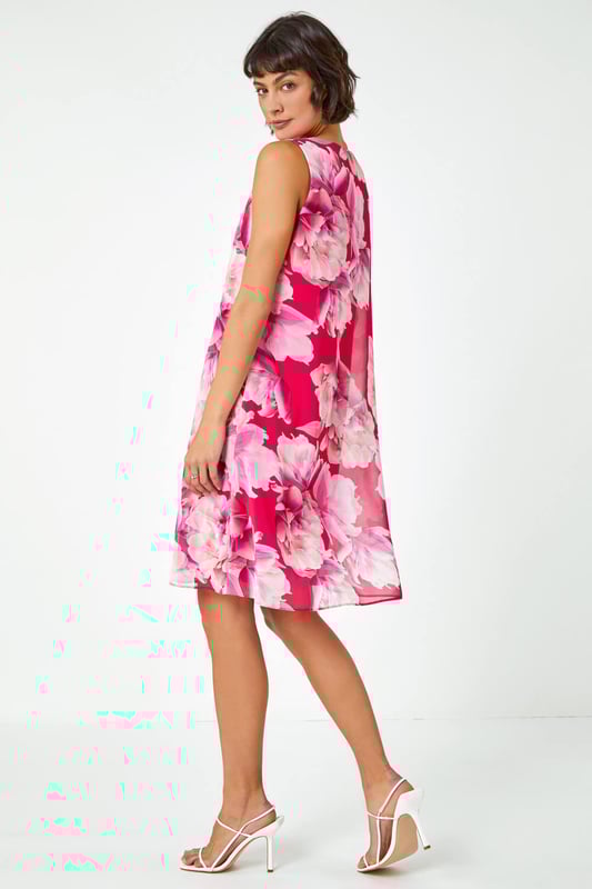 Sleeveless Floral Chiffon Overlay Dress
