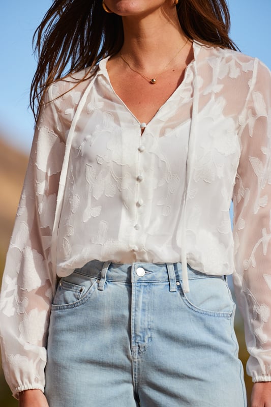 Bold floral sheer blouse white work / play... S