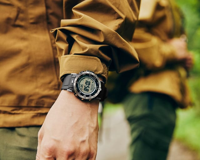 This Casio Protrek Digital Watch for Men is the perfect timepiece to wear or to gift. It's Black 40 mm Round case combined with the comfortable Black Plastic watch band will ensure you enjoy this stunning timepiece without any compromise. Operated by a high quality Quartz movement and water resistant to 10 bars, your watch will keep ticking. This solar powered watch recharges itself in any kind of light,This solar watch does not require any battery replacement. -The watch has a calendar function: Day-Date, Solar Powered, Stop Watch, Compass, Altimeter, Alarm High quality 21 cm length and 22 mm width Black Plastic strap with a Buckle Case diameter: 40 mm,case thickness: 12 mm, case colour: Black and dial colour: LCD