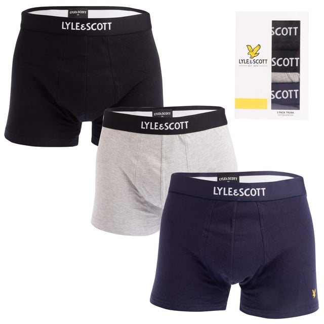 Mens Lyle And Scott Devon 3 Pack Boxer Shorts in black grey.- Branded elasticated waistband.- Soft and flexible fit.- 95% Cotton  5% Elastane.- XS = 27-29in- S = 30-32in- M = 33-35inWe regret that underwear is non-returnable due to hygiene reasons.  - Ref: DEVONLSM780