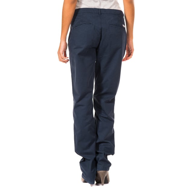 Long pants woman. 
 Navy Colour. 
 Zipper and button on the front. 
 Two open pockets on the front. 
 Stamping brand logo on the front side. 
 Two open pockets in the back. 
 Belt loops. 
 Fabric label with the brand name on the back of the waistband. 
 Netherlands with straight cut. 
 Seams views tone. 

 Composition: 
 - 100% cotton. 

 Washing instructions: 
 - Wash up to 40 ° C. 
 - Iron at medium temperature, max. 110C. 
 - Allows dryer. 
 - Do not bleach. 
 - Not allowed dry cleaning. 

 Composition: 100% Cotton
 Care:
Wash maximum at 40ºC.
 - Iron at medium temperature, max. 110ºC.
 - Allows you to use a dryer.
 - Do not use bleach.
 - Does not support dry cleaning.
