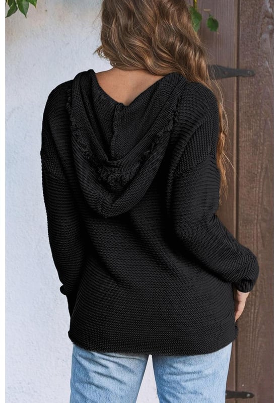 V neck ribbed drop shoulder hooded sweater
  Made from Quality materials
  Keeps you warm and comfortable
  Ribbed texture for a modern look
  Drop shoulder design for a relaxed vibe
  Adjustable hood with drawstrings
  Versatile piece for any occasion
  Available in multiple colors
