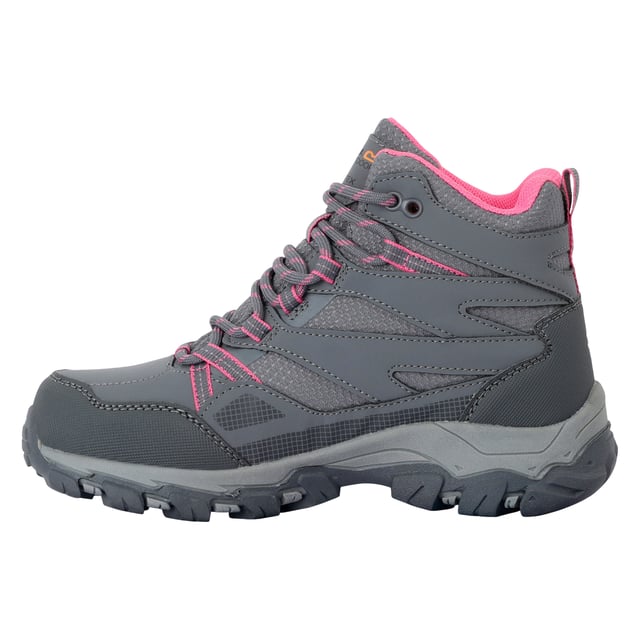 Regatta Childrens/Kids Holcombe III Walking Boots (Steel/Tulip) Upper: Durable, Synthetic, Water Resistant. Fabric: TECFOAM. Insole: Isotex Membrane, Synthetic. Midsole: XLT. Outsole: Duo Grip, Stability Plates, Synthetic. Fabric Technology: Breathable, Isotex, Waterproof. Covered Vamp, Foam Collar, Padded Tongue, Pull Tab. Flat. Cut: Ankle. Design: Contrast, Logo, Printed, Text. Toe Style: Cap. Fastening: Lace Up, Slip-In.