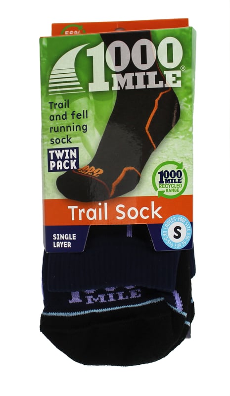 1000 Mile Women's Single Layer Sock 2 PackIntroducing the Women's Trail Repreve Single Layer Sock - the ultimate companion for trail running, fell running, and mountain biking. Designed with your comfort and support in mind, this 1000 Mile Trail Sock is anatomically crafted to enhance your off-road adventures. Its padded heel safeguards the achilles tendon, toes, and ball of the foot. By incorporating cutting-edge REPREVE® recycled yarns, these socks minimize friction, efficiently wick away moisture, and dry rapidly. With arch bracing for a secure fit, you can say goodbye to slippage. Available in Navy, these socks are composed of 56% REPREVE® Nylon, 22% acrylic, 20% wool, and 2% elastane. Ladies can choose from two sizes: Small (3-5.5UK, EUR 36-38.5) or Medium (6-8.5UK, EUR 39-42.5). Upgrade your outdoor excursions with these exceptional socks!Extra Product DetailsPerfect for trail running, fell running, and mountain biking.Provides comfort and support during off-road activities.Padded heel protects achilles tendon, toes, and ball of the foot.Reduces friction and wicks moisture for dryness.Customized fit with no slippage due to arch bracing.Made with REPREVE® recycled yarns for sustainability.Stylish Navy color option available.Comes in two sizes: Small and Medium.