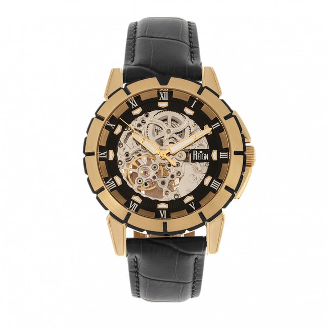 316L Surgical-Quality Stainless Steel Case; Jeweled Automatic Movement; Jewel Bearings: 20 Jewels; 42-Hour Power Reserve; Beats per Hour (BPH): 21600/Hour; Sapphire-Coated Mineral Crystal; Skeleton Dial; Observation Caseback to View Movement; Crown Protector Case Design; Genuine Leather Crocodile-Embossed Strap; Logo-Engraved Stainless Steel Clasp; Luminous Hands; Luminous Markers; 41mm Diameter; 5 ATM Water Resistance;