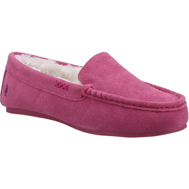 Hush Puppies Annie Mocassin Suede Women's Pink Slippers A comfortable lightweight classic slipper, with a memory foam interior and cosy faux fur lining these are a perfect choice for keeping your feet comfy and toasty after a long day