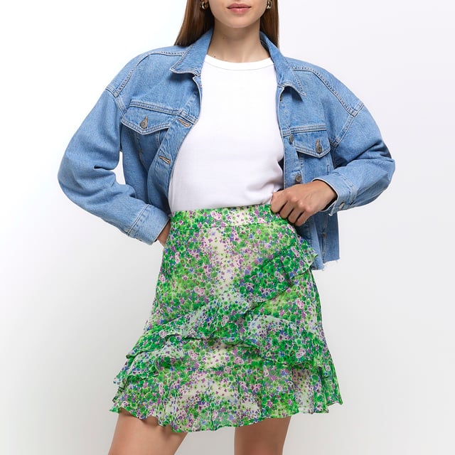 River Island Womens Mini Skirt Green Chiffon Floral Frill