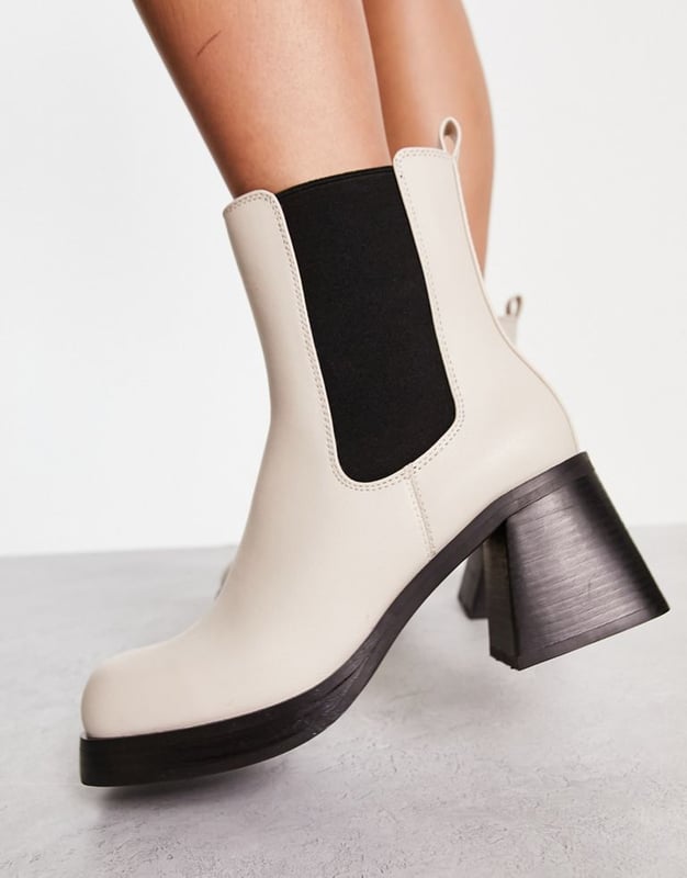 Topshop Wide Fit Bay square toe heeled chelsea boot in off white