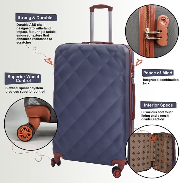 Müheloses Reisen beginnt mit unserem 8-Rad-Leichtkoffer-Set. Reisen Sie mit Leichtigkeit: Machen Sie Ihre Reise so reibungslos wie möglich mit unserem stilvollen Kabinenkoffer mit 8 Spinnerrädern, die volle 360-Grad-Manövrierfähigkeit bieten. Verabschieden Sie sich von der Frustration, Ihr Gepäck schieben oder schleppen zu müssen – lassen Sie es mühelos neben sich rollen. Der höhenverstellbare ausziehbare Griff sorgt für Komfort und Sie können kleine Taschen und das Nötigste bequem darauf platzieren. Leicht und langlebig: Entlasten Sie das Reisen mit einem leichten Außengehäuse aus strapazierfähigem ABS-Polycarbonat. Dieses Design sorgt dafür, dass der Koffer so leicht wie möglich ist und gleichzeitig flexibel bleibt, um die letzten Habseligkeiten unterzubringen. Für zusätzliche Sicherheit verfügt der Koffer über ein 3-stelliges Zahlenschloss, das Ihre Gegenstände während des Transports sicher verwahrt. Kompatibilität mit Fluggesellschaften: Unser Kabinenkoffer wurde speziell für die unterschiedlichen Anforderungen verschiedener Fluggesellschaften in Großbritannien, Europa und Nordamerika entwickelt und ist mit großen Fluggesellschaften wie easyJet, British Airways, Delta, Ryanair (Priority Boarding), Virgin Atlantic und anderen kompatibel. Bitte erkundigen Sie sich vor dem Kauf bei Ihrer jeweiligen Fluggesellschaft, um eine nahtlose Kompatibilität sicherzustellen. • 8 x 360°-Doppel-Spinnerräder für bessere Manövrierfähigkeit • ABS-Polycarbonat-Hartschalenkonstruktion für Langlebigkeit • 4 Innentaschen zur Organisation • Selbstsichernder Teleskopgriff und umlaufender Reißverschluss für einfache Handhabung. • Elastischer Verschluss für zusätzliche Sicherheit. • 20-Zoll-Kabinenkoffer – Größe 50 x 31 x 25 cm, Gewicht: 2,7 kg, Fassungsvermögen: 38 Liter • 24-Zoll-Mittelkoffer – Größe 60 x 41 x 26 cm, Gewicht: 3,5 kg, Fassungsvermögen: 64 Liter • 28-Zoll-Großkoffer – Größe 70 x 48 x 29 cm Gewicht: 4,3 kg Fassungsvermögen: 97 Liter Komplettset 3 Größen | Kabine+ Mittel+ Groß