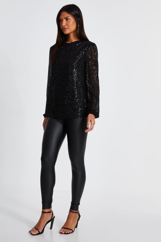 - Sequin design - Long sleeve - Drape neckline - Model height: 5' 9" - Model wears uk 8 / us 4 / eur 36 - Always check the care wash label - Cool hand wash with mild detergent