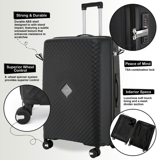 Reis in tijdloze stijl met onze Hard Shell Black Classic Suitcases, ontworpen voor zowel praktisch als elegant. Gemaakt van hoogwaardige materialen, is deze set gebouwd om te voldoen aan de behoeften van frequente reizigers, en combineert robuuste functies met een strakke afwerking. Kenmerken: Duurzame polypropyleenconstructie: Lichtgewicht en veerkrachtig, biedt superieure bescherming voor uw bezittingen. Veilig TSA-goedgekeurd slot: Zorgt ervoor dat uw bagage geschikt is voor reizen en dat uw spullen veilig zijn tijdens het transport. 4x soepele dubbele wielen: Biedt moeiteloze 360° mobiliteit voor soepele navigatie door luchthavens en drukke gebieden. Ergonomische telescopische handgreep: Ontworpen voor een comfortabele en stevige grip tijdens gebruik. Doordacht interieurontwerp: Inclusief spanriemen, een scheidingswand met rits en compartimenten om uw spullen netjes georganiseerd te houden. Beschikbare maten en specificaties: Cabine: Afmetingen: 36 x 24 x 55 cm Gewicht: 2,50 kg Capaciteit: 41L Medium: Afmetingen: 42 x 25,5 x 64,5 cm Gewicht: 3,40 kg Capaciteit: 61L Groot: Afmetingen: 47 x 30 x 75 cm Gewicht: 4,30 kg Capaciteit: 96L Deze klassieke koffers zijn perfect voor elke gelegenheid, of u nu op zakenreis gaat, een weekendje weg gaat of een lange vakantie hebt. Met zijn stevige constructie, soepele manoeuvreerbaarheid en veilige vergrendelingssysteem kunt u met vertrouwen en gemak reizen. - Let op: Selecteer de gewenste maat. Maten worden afzonderlijk verkocht, niet in sets.