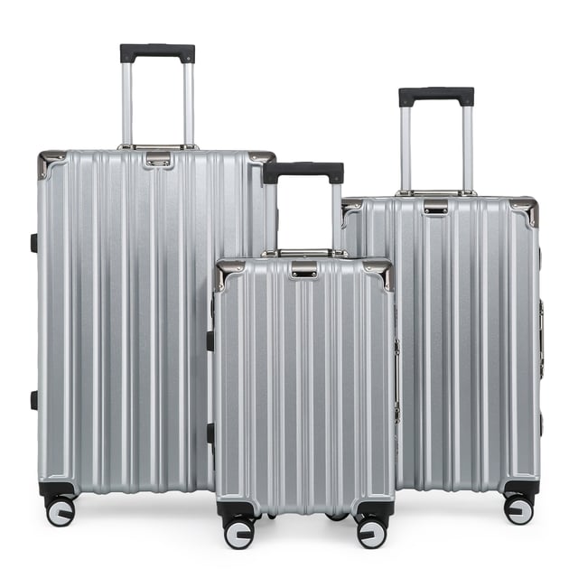 Entdecken Sie die perfekte Kombination aus Eleganz, Haltbarkeit und Komfort mit unseren robusten silbernen Hartschalenkoffern. Dieses Gepäckset mit atemberaubendem Finish ist für den modernen Reisenden gemacht und bietet Stärke und Eleganz für alle Ihre Reisen. Eigenschaften: Hochwertige Polycarbonatschale: Leicht und dennoch robust, bietet außergewöhnlichen Schutz vor Verschleiß. Verstärkter Aluminiumrahmen: Sorgt für Haltbarkeit und strukturelle Integrität und gewährleistet lang anhaltende Leistung. Zwei integrierte Schlösser: Sichern Sie Ihre Sachen mit zwei integrierten Kombinationsschlössern für mehr Sicherheit. 8 leichtgängige Doppelrollen: Bietet mühelose 360°-Manövrierfähigkeit, sodass die Navigation durch Flughäfen und belebte Straßen ein Kinderspiel wird. Ergonomischer Teleskopgriff: Entwickelt für bequeme Handhabung und Benutzerfreundlichkeit. Stilvolles Interieur: Vollständig gefüttert mit elastischen Riemen, Reißverschlussfächern und Netzteilern für geordnetes Packen. Verfügbare Größen und Spezifikationen: Kabine: Maße: 36 x 24 x 56 cm Gewicht: 2,70 kg Fassungsvermögen: 42 l Mittel: Maße: 43 x 28 x 65,5 cm Gewicht: 4,00 kg Fassungsvermögen: 70 l Groß: Maße: 51 x 32 x 76 cm Gewicht: 5,00 kg Fassungsvermögen: 110 l Das zeitlose Design sorgt für Eleganz und sorgt dafür, dass Ihr Gepäck leicht zu erkennen ist. Ob Sie mit leichtem Gepäck in der Kabinengröße reisen oder für eine lange Reise mit den mittleren und großen Koffern packen, dieses Set ist auf alle Ihre Reiseanforderungen zugeschnitten. – Hinweis: Bitte wählen Sie die gewünschte Größe. Größen werden einzeln und nicht in Sets verkauft.