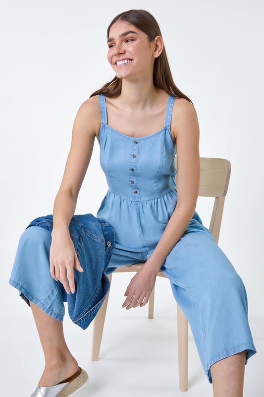 Strappy denim jumpsuit online