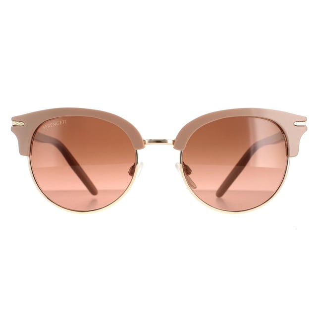 Serengeti Semi Rimless Womens Shiny Rose Gold Polarized Drivers Gradient Brown Lela Lela ist ein stilvoller, halbrandloser Stil aus leichtem Acetat und Metall. Nasenpads aus Silikon und ein doppelter Steg sorgen für ganztägigen Tragekomfort. Die Spectral Control- und Photochromic-Technologie passt sich dem Licht perfekt an und filtert es, während das Serengeti-Logo an den Bügeln für Markenauthentizität sorgt.
