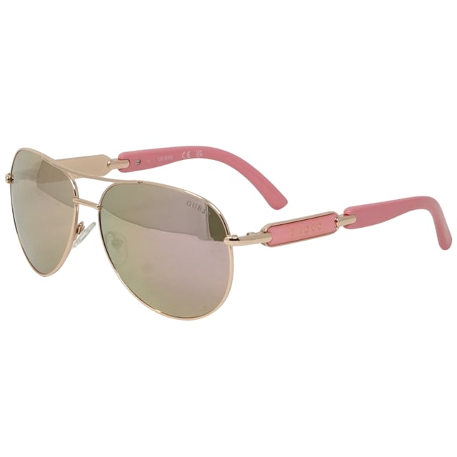 Guess GF7295 28F Rose Gold Sunglasses. A touch of fun for your summer days, but nothing too out of the ordinary for a Guess collectible. Guess Rose Gold Sunglass perfect for the summer.. Nose Bridge Width = 14mm, Lens Width = 60mm, Arm Length = 135mm. Branded Sunglasses Case and Cleaning Cloth Included. 100% Protection Against UVA & UVB Sunlight and Conform to British Standard EN 1836:2005, Sunglasses, Sunglasses Case, Cleaning Cloth and Care Instructions all Included. Guess GF7295 28F Rose Gold Sunglass