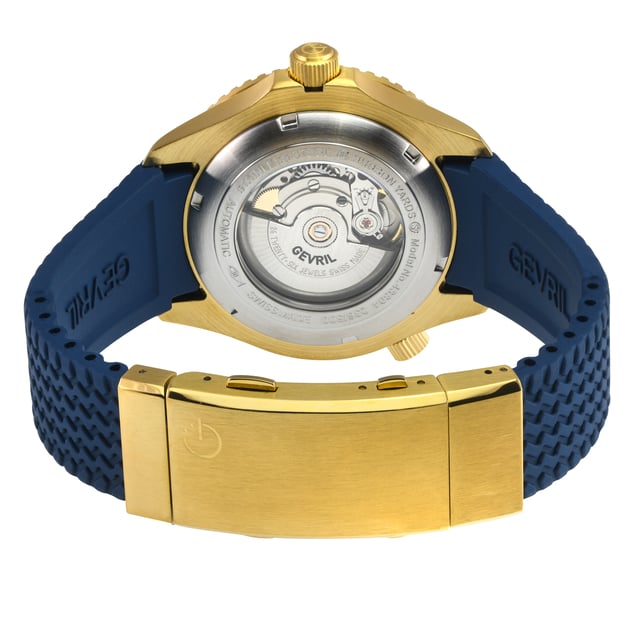 Gevril 48804R Men's Hudson Yards Automatic Watch

Gevril Men's Swiss Automatic Watch from the Hudson Yards Collection
43mm Stainless Steel Case IPYG Blue Ceramic Ring, Blue Dial, date at 3 o'clock
Unidirectional Rotating bezel, Screw down helium release valve, Luminous Markers
Exhibition Case back, Screw Down Crown
Genuine Blue Rubber Strap with Tang Buckle
Anti-reflective Sapphire Crystal
Water Resistant to 300 Meters/30ATM
Swiss Automatic 3 Hands, SW200 Movement