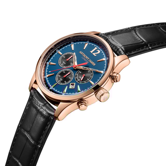 A fantastic addition to any wardrobe, this Hand Assembled Anthony James  Classic Chronograph Rose Blue men’s watch uses Quartz movement for the rose gold minute and hour hands and the three chrono eyes for exceptional precision. These are set against a midnight blue dial and complemented by rose gold markers and the rose gold alloy case that includes round pushers for straightforward adjustability. The ink-black genuine leather strap with pin buckle fits perfectly into the case which is secured on the reverse by a 304 stainless steel caseback with dependable snap-in construction for assured wear whether at home or out of the house
Quartz movement PE902.
Alloy case
 Round pushers
3ATM Water resistant. 
304 stainless steel caseback with snap-in
construction.
 Front mineral lens.
 Blue dial with 3 chrono eyes.
 Rosegold hour/minute hands. 
Black genuine leather strap with pin buckle. Rosegold flash plating

Watch Dimensions:
Case Diameter- 43 mm
Case Thickness- 10.8 mm
Lug width- 22.1 mm
Strap width- 22 mm
Strap length- 195 mm
Weight- 50 grams