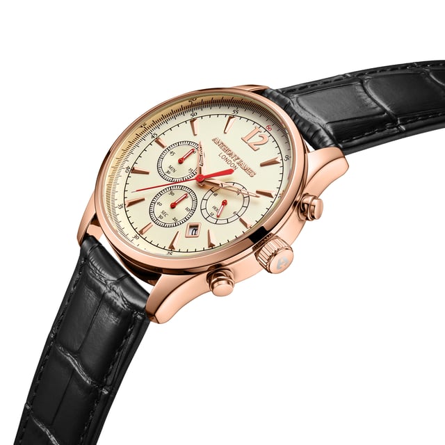 A Hand Assembled Anthony James Classic Chronograph Rose White men’s watch uses Quartz movement for the rose gold minute and hour hands and the three chrono eyes for exceptional precision. These are set against a cream dial and complemented by rose gold markers and the rose gold alloy case that includes round pushers for straightforward adjustability. The ink-black genuine leather strap with pin buckle fits perfectly into the case which is secured on the reverse by a 304 stainless steel caseback with dependable snap-in construction for assured wear whether at home or out of the house.
Quartz movement PE902.
 Alloy case
 Round pushers
3ATM Water resistant 
304 stainless steel caseback with snap-in
construction.
 Front mineral lens.
 Cream dial with 3 chrono eyes.
 Rosegold hour/minute hands. 
Black genuine leather strap with pin buckle. Rosegold flash plating

Watch Dimensions:
Case Diameter- 43 mm
Case Thickness- 10.8 mm
Lug width- 22.1 mm
Strap width- 22 mm
Strap length- 195 mm
Weight- 50 grams