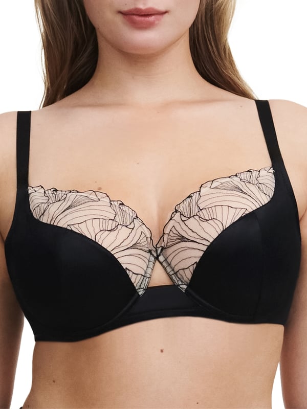 Chantelle Tattoo Love Covering Full Cup Bra. Full coverage non padded underwired bra with tattoo effect embroidery and centrepiece cut out detail. Product is recommended hand wash only.
