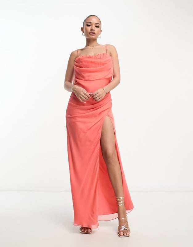 knee length dresses for ladies ASOS DESIGN Corset Maxi Dress With Soft Cowl Front In Coral