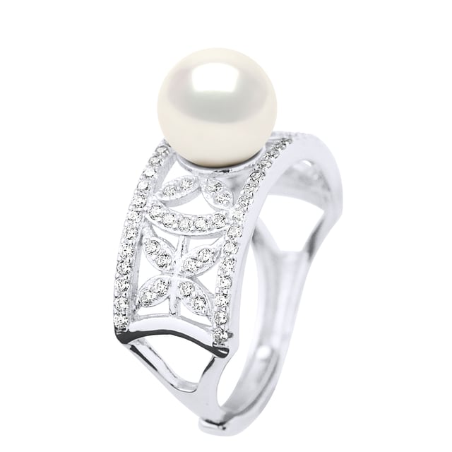 Ringsmycke - Äkta odlad sötvattenspärla rund 8-9 mm - Smycke Paving Cubic Zirconia Silver 925 Rhodiumpläterad - FÄRG NATURLIG VIT - Storlek justerbar från storlek 48 till storlek 62 - Levereras i ask och med sitt äkthetscertifikat och internationella garanti - MADE IN FRANCE