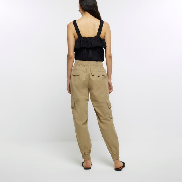 River Island Womens Cargo Trousers Beige Zip Cuff Pants