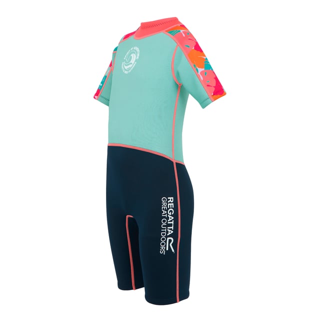 85% Neoprene, 15% Polyester. Design: Contrast Colour, Printed, Text, Tropical Leaves. Neckline: Adjustable, High Collar. Fastening: Back Zip, Pull-On. Flat Seams. Fabric Technology: Flexible, Lightweight, Quick Dry, UV Protection. Wetsuit Thickness: 2mm. Sun Rating: UPF 50+.