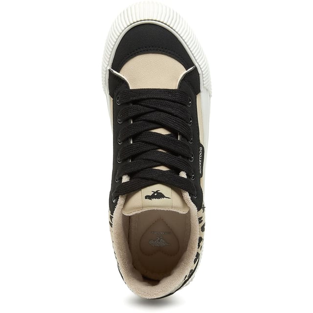 Zapatillas negras Rocket Dog para mujer, con diseño alegre y bloques, confeccionadas en algodón y suela de goma. Incluyen plantilla acolchada, logo Rocket Dog y suela de goma.