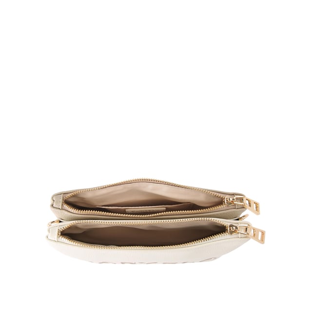 This Carvela Frame Double Pouch bag features two bone and blush pouches with embossed branding on the front. The two compartments are closed with gold tone zips. 16cm (H), 22cm (L), 4cm (D). Strap length: 121cm.