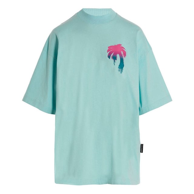 Experience comfort and style with Palm Angels Spray Palm Tree Logo Blue tee. Made with high-quality fabric, this tee boasts a sleek and modern design, perfect for any outfit. Show off your love for palm angles and street art with its iconic spray paint logo. Elevate your wardrobe with this must-have t-shirt!, Oversized Fit, Recommended To Purchase Down a Size, Palm Angels Blue T-Shirt, Palm Angels Logo Print With Palm Tree Detail, 100% Cotton, Crew Neck, Streetwear,, Short Sleeves, Oversized Fit, Blue Tee, Streetwear