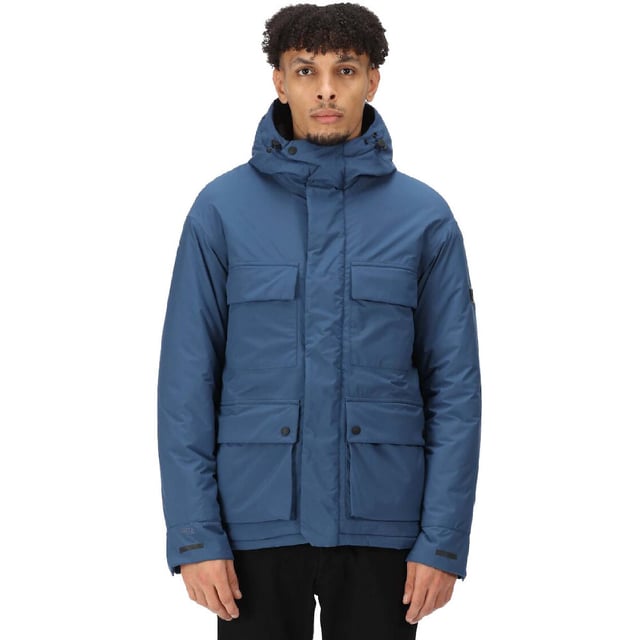 Waterproof and breathable Isotex 8000 recycled 100% polyester stretch fabric. Recycled fabric made from approximately 7 plastic bottles (500ml size). Breathability rating 8,000g/m2/24 hours. Taped seams. Durable water repellent finish. Thermoguard insulation. Cire baffle lining to hood and body. Inner security pocket. Grown on hood with adjusters. 2 lower patch pockets with handwarmer pockets behind. 2 chest patch pockets. Adjustable cuffs. Adjustable shockcord hem.